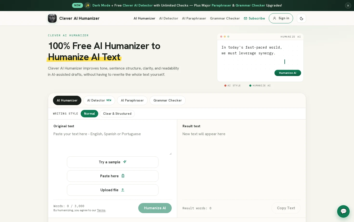 Clever AI Humanizer 页面快照